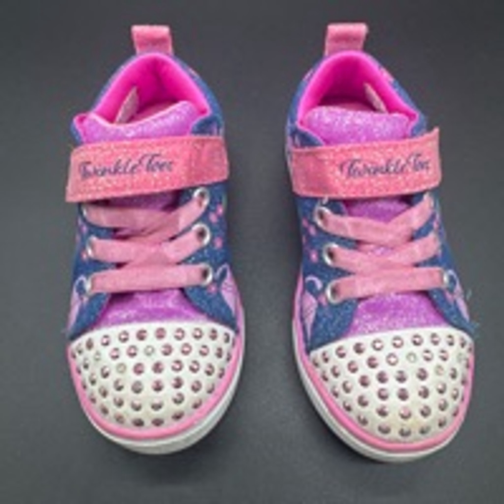 SKETCHERS Twinkle Toes Sneakers Size 8C Blue Pink Dinosaur - Picture 2 of 8